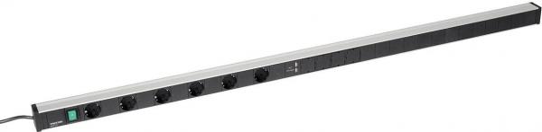 The image shows a black power strip with several (in this case five) outlets, a green button, and a sleek, metallic casing. It is long and flat.