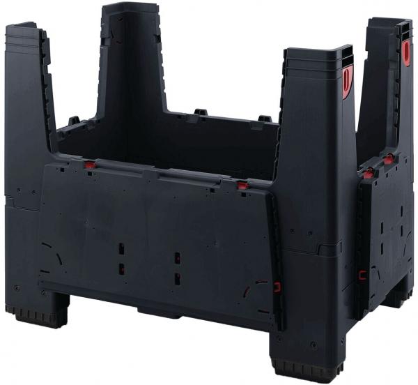 The image shows a black, rectangular plastic container with four tall side walls. The walls are sturdy and marked red at the corners. The container has an open top.