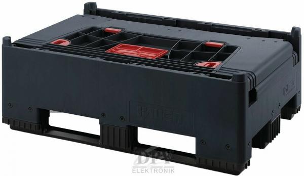Das Bild zeigt eine robuste, schwarze Transportbox mit einem strukturierten Boden. An den Seiten befinden sich zwei große Öffnungen zum Tragen. Die Oberseite hat rot markierte Elemente.