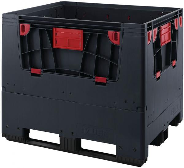 Es handelt sich um eine schwarze, stabile Lagerbox aus Kunststoff mit roten Seitenelementen. Sie hat seitliche Griffe und einen offenen oberen Bereich, ideal für die Aufbewahrung von Gegenständen.
