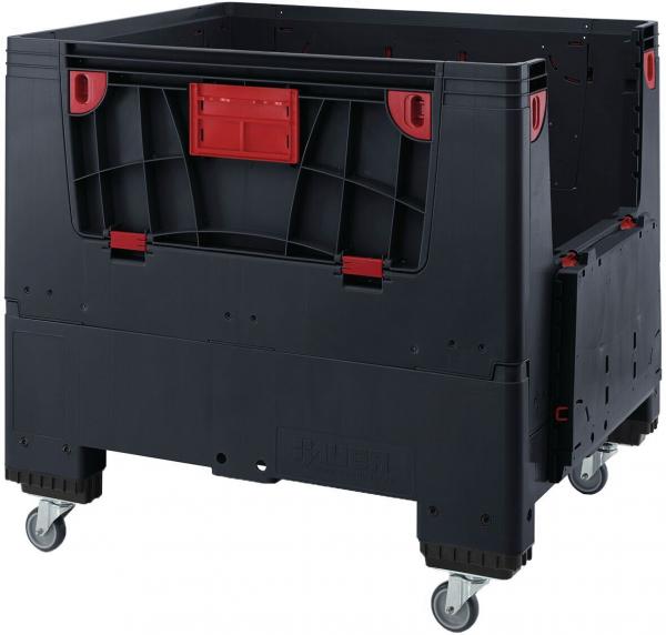 Das Bild zeigt eine große schwarze Transportbox mit roten Griffen. Sie hat eine stabile Bauweise, vier Rollen und ist ideal für Lagerung oder Transport. Die Box ist rechteckig und offen oben.