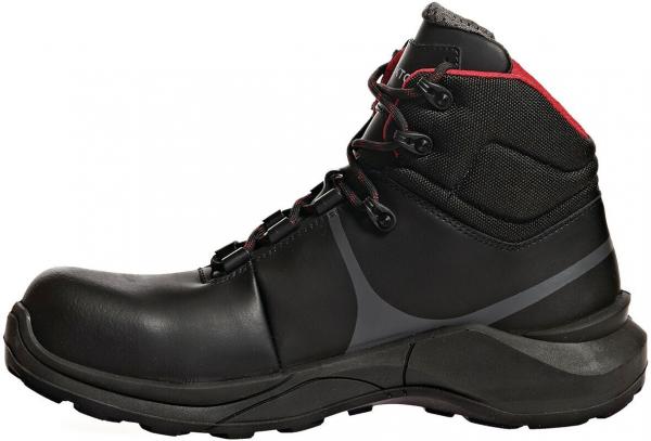 The shoe is a black, ankle-high boot with a sturdy, shiny surface. It has a matte sole, reddish accents, and is equipped with laces and a padded collar.
