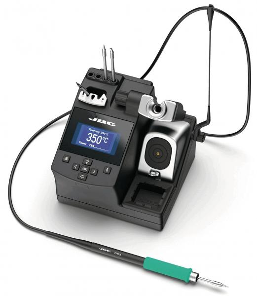 The image shows a black soldering station with a digital display, several soldering tips, and a green soldering tool. It is used for soldering and repairing electronic components.