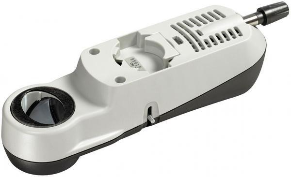 Das Bild zeigt ein elektronisches Lesegerät. Es hat eine längliche, ergonomische Form in grau und schwarz, mit einem großen Linse auf der Vorderseite und Tasten sowie Lüftungsschlitzen an der Oberseite.