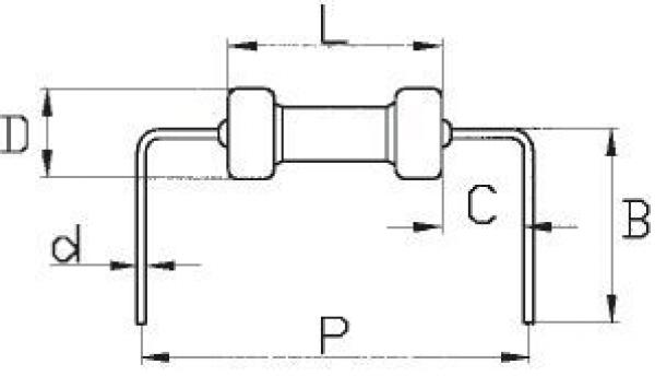 The image displays a technical drawing of a component with multiple dimensions (L, D, C, B, P, d). It features a central elevation with two lateral attachment arms.