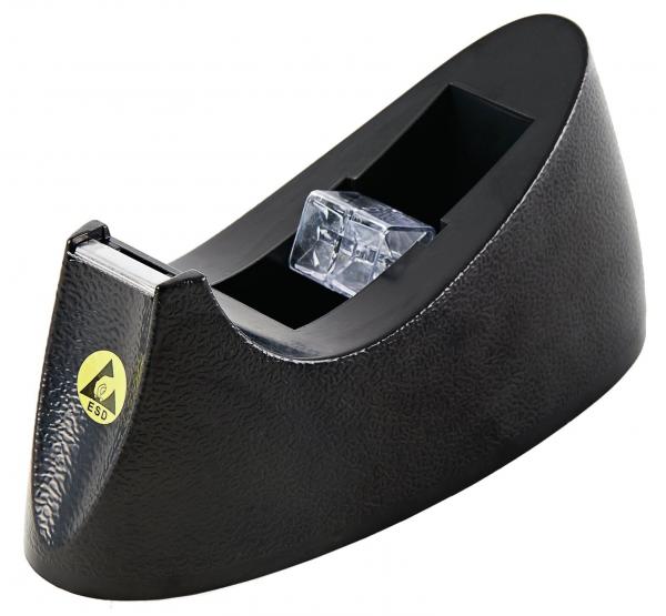 Das Bild zeigt einen schwarzen, ovalen Tesafilmhalter. In der Mitte ist eine transparente Rolle sichtbar, vorne ist ein gelbes Etikett mit einer Zahl. Der Halter hat eine strukturierte Oberfläche.