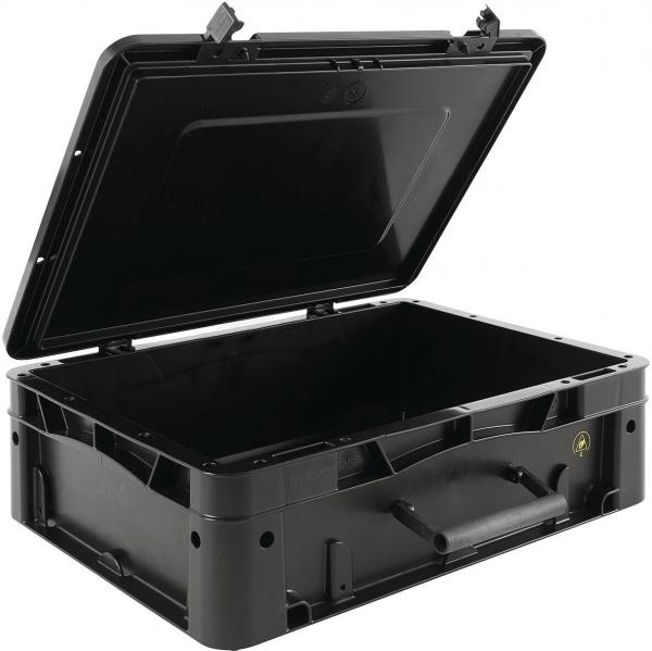The image shows a black, sturdy storage box with a hinged lid. The box has side handles for easier transportation and is designed to be stable.