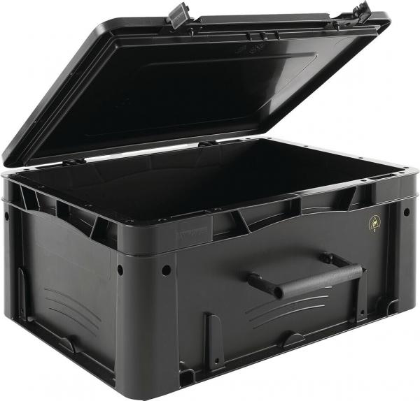 Das Bild zeigt eine schwarze, rechteckige Kunststoffbox mit einem abnehmbaren Deckel. Sie hat seitliche Griffe und eine stabile Konstruktion, geeignet zum Verstauen von Gegenständen.