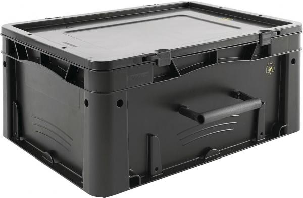 Die Box ist rechteckig und aus robustem, schwarzem Kunststoff gefertigt. Sie hat einen flachen Deckel und seitliche Griffmulden für einfaches Tragen. Ideal zum Verstauen.