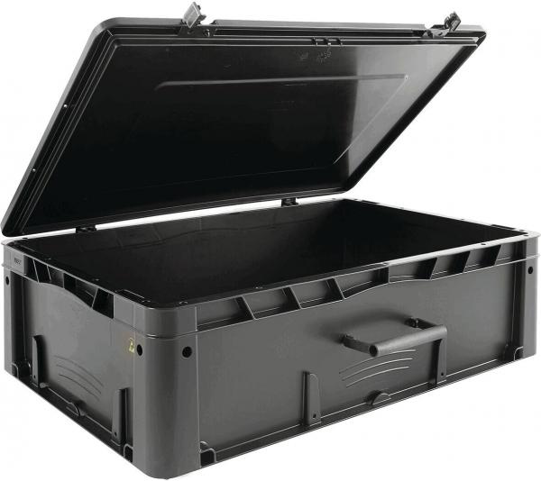 The suitcase is large, rectangular, and made of black plastic. It has a lid that is open upwards, and side handles for carrying. The inside is empty and spacious.