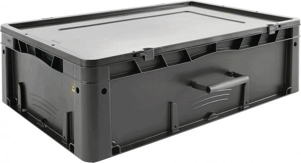It is a rectangular, black plastic box with a flat, tightly sealing lid. There are handles on the side for carrying. The box appears stable and robust.