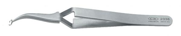 The image displays a silver stainless steel tweezer. It features a curved tip that opens and closes. The surface is smooth and reflective, with a model number embossed.