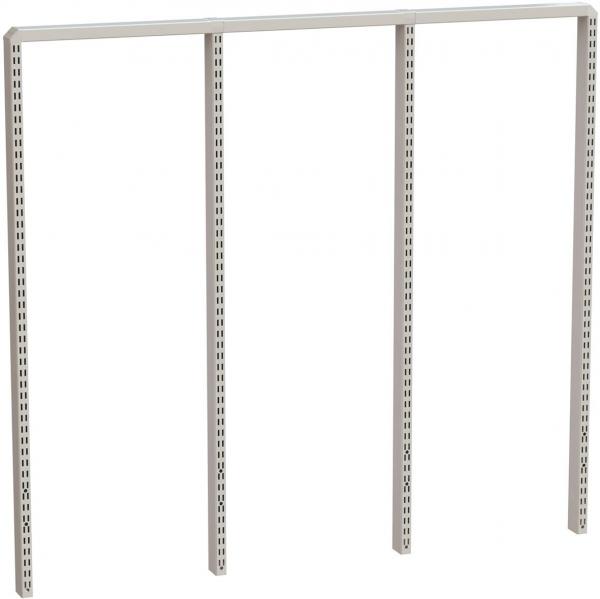 The image shows a simple, three-part metal shelving structure. It has three vertical supports with holes for attaching shelves, which are sturdy and open in design.