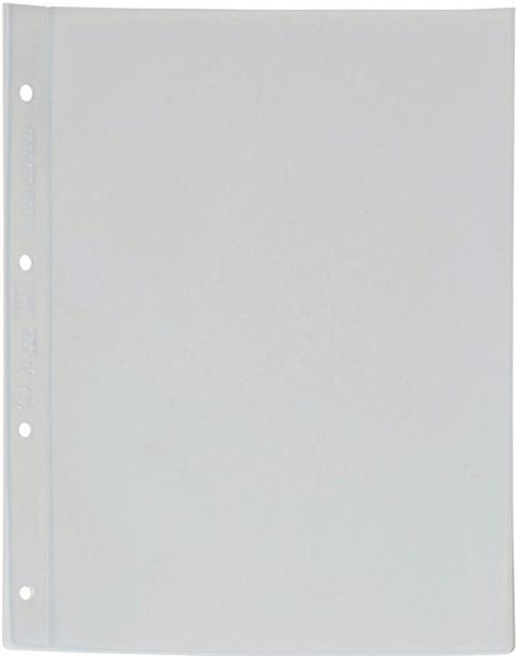 The image shows an empty, transparent clear sheet, rectangular and with holes on the left side for filing in a binder. The surface is smooth and colorless.