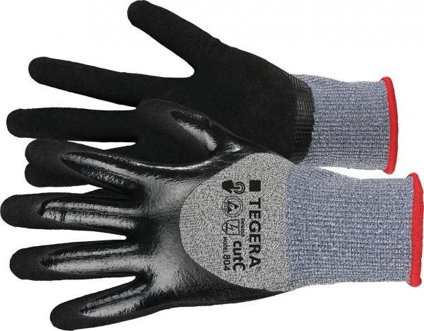 The image shows a pair of work gloves. They have gray, knitted cuffs and black, non-slip palms with a distinctive logo in the center.