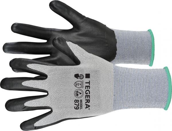 The image shows a pair of work gloves. The gloves have gray textile surfaces and black palms, with a green elastic band at the wrist. They are designed for protection and grip.
