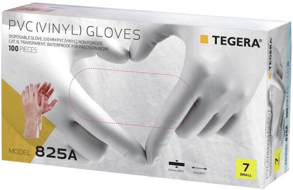 Die Verpackung zeigt eine Schachtel mit durchsichtigen PVC-Handschuhen. Zwei Hände formen ein Herz auf der Vorderseite, während die Produktinformationen darüber und darunter gedruckt sind.