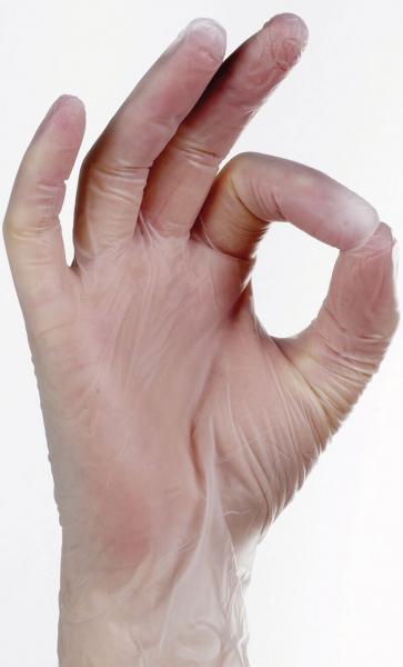 Eine Hand mit einer durchsichtigen, weichen Gummihandschuh. Daumen und Zeigefinger bilden ein "O", während die anderen Finger leicht gekrümmt sind.
