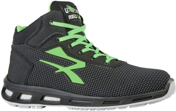 The shoe is a black high-top with green accents. The surface is made of textured material, with a padded tongue and laces. The sole is lightweight and has good cushioning.