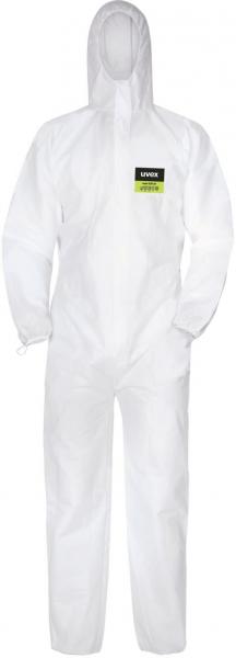 The image shows a white one-piece, a type of protective suit. It has a zipper and a hood that covers the head. There is a black label with yellow text on the chest.