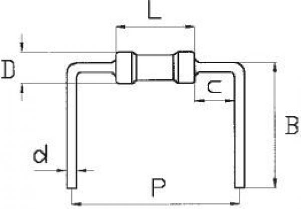 The image shows a technical drawing of a component with various labels for dimensions: L, D, B, P, d, and c. The shape is symmetrical with two outwardly curved ends.