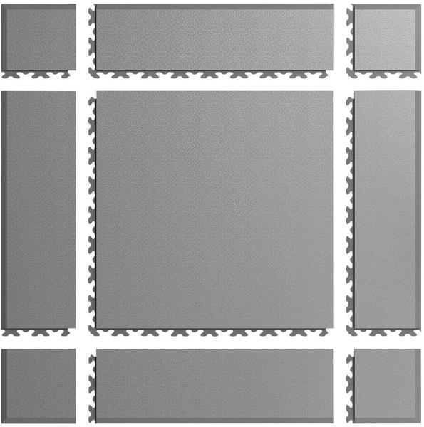 The image displays an arrangement of gray tiles in various sizes. The tiles feature interlocking edges and are symmetrically arranged, with a larger tile in the center.