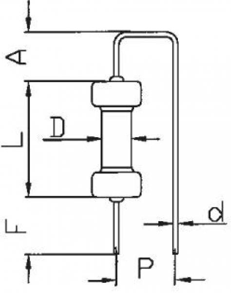 The image displays a technical drawing of a component, likely a fuse. Various dimension lines (A, D, F, L, P, d) are marked, indicating the dimensions of the component.