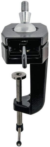 The image shows a sturdy clamp. It has a square base with a swivel head and a long, curved bracket used for fastening. Metallic and stable.