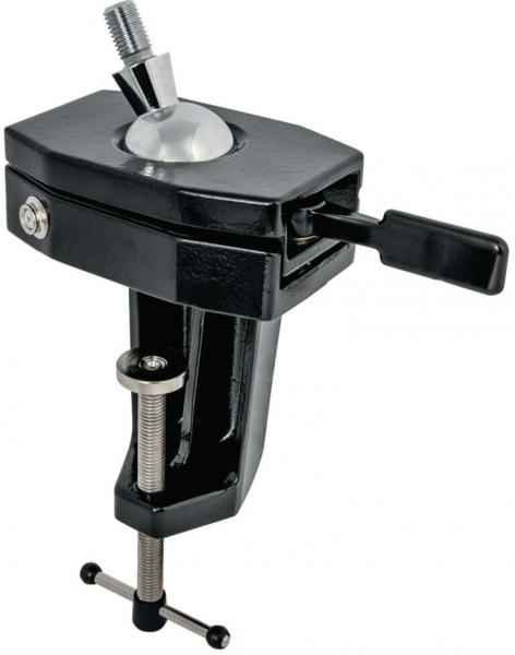 The image shows a black, metal clamp with a spherical mount on top and a lever for adjustment. Below, there is a screw that provides stability.