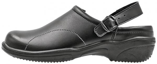 The image shows a black leather clog shoe. It has a closed front, an open heel, and an adjustable strap. The sole is thick and slip-resistant.