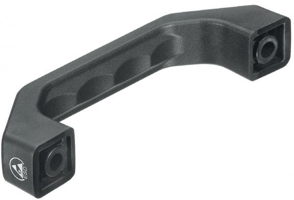 The image shows a short, curved handle made of black plastic. It has two square ends with openings and a ridged area in the middle for better grip.