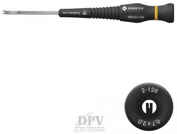 The image displays a screwdriver with a non-insulated handle. The handle is black with yellow accents. Below, a description of the screw head is visible, also in black.