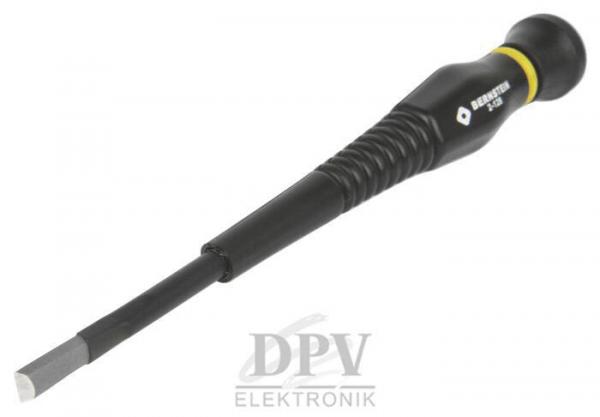 Das Bild zeigt einen Schraubendreher mit einem schwarzen, ergonomischen Griff und einer gelben Verzierung. Die Klinge ist flach und schmal, ideal für Schraubenköpfe.