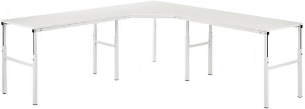 The image shows an L-shaped table. The tabletop is white and the legs are made of shiny metal. The table has a simple, modern shape and is sturdy.
