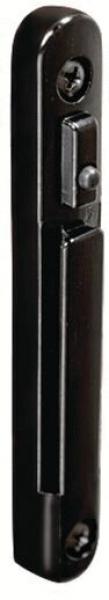The image shows a long, narrow, black object that resembles a door handle or a hardware part. It has a smooth surface with two visible screws.