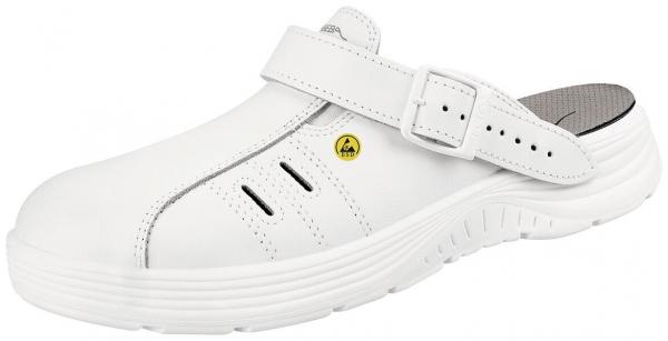 Das Bild zeigt einen weißen Clog-Schuh. Er hat eine offene Rückseite, eine breitere Zehenpartie, mehrere Belüftungslöcher und einen verstellbaren Riemen an der Oberseite.