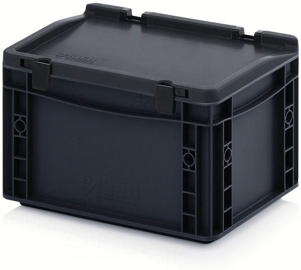 It is a black plastic box with a flat lid. The box has side handles and two clasps on the top that secure the lid. It is rectangular and sturdy.