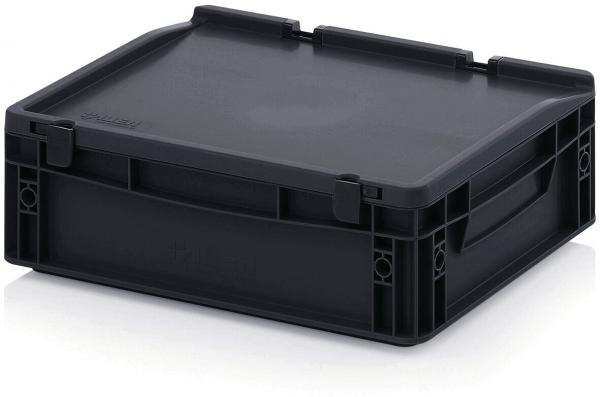 The image shows a square, black plastic box with a flat lid. Handles and connection points are visible on the sides. The box has rounded corners and is sturdy.