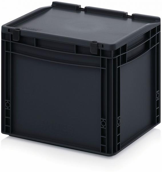 This is a square, black plastic box with a flat lid. The edges are slightly rounded, and the top has two small handles. It appears sturdy and functional.