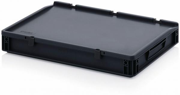 The image shows a flat, rectangular box made of black plastic. It has a smooth surface and is slightly reinforced at the corners. There are two grip-friendly recesses on the sides.