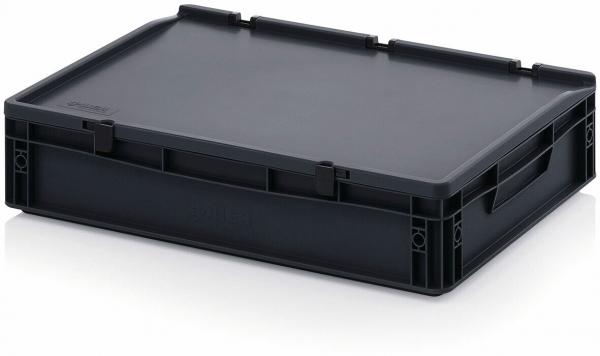 It is a rectangular, flat container in black. It has two handles on the sides and a textured surface. Ideal for storage or transportation of items.