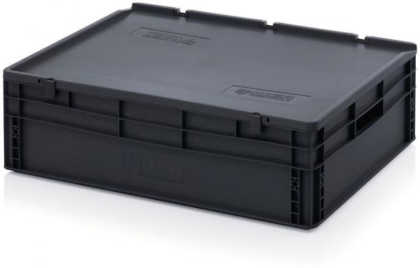 The image displays a rectangular, black plastic box with a flat, sturdy lid. The sides are smooth, featuring air intake holes and a robust design suitable for stacking.