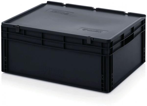 The image displays a black, rectangular plastic box with a sturdy lid. The box has slightly flared sides and the corners are rounded. It appears durable and functional.