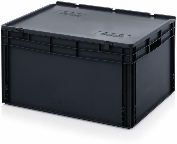 Das Bild zeigt eine einfache, rechteckige, schwarze Kunststoffbox mit einem gepolsterten Deckel. Sie hat feste Wände und einen stabilen Boden, ideal zum Lagern und Transportieren von Gegenständen.