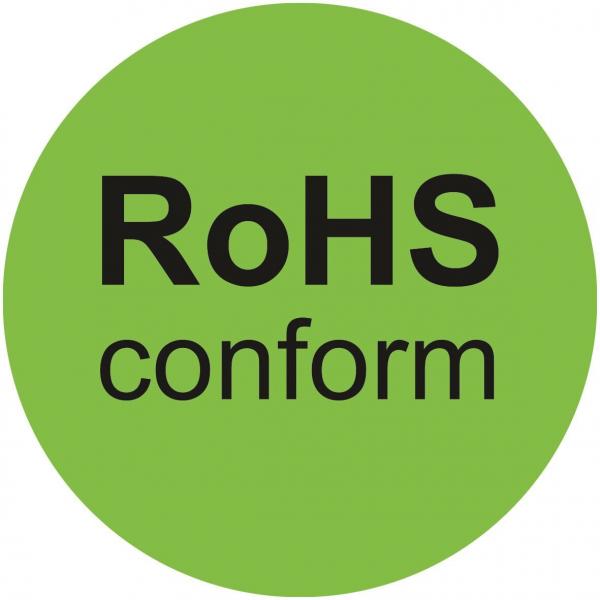 Das Bild zeigt einen grünen, runden Hintergrund mit dem schwarzen Text ?RoHS conform?. Es handelt sich um ein Symbol für die Einhaltung von Richtlinien zur Begrenzung gefährlicher Stoffe.
