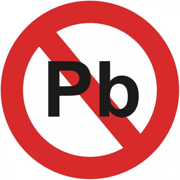 Das Bild zeigt ein rotes Durchgestrichen-Symbol über den Buchstaben "Pb", was für Blei steht. Es signalisiert ein Verbot oder eine Warnung vor Blei.