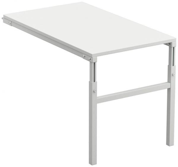 The image displays a simple, white table with a rectangular tabletop and two sturdy, white metal legs. It has a modern, minimalist shape.