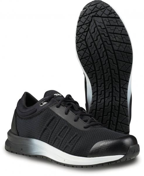 Das Bild zeigt ein Paar schwarze Sportschuhe mit einer rutschfesten Sohle. Die Schuhe haben ein atmungsaktives Obermaterial und eine verstärkte Zehenkappe für zusätzlichen Schutz.
