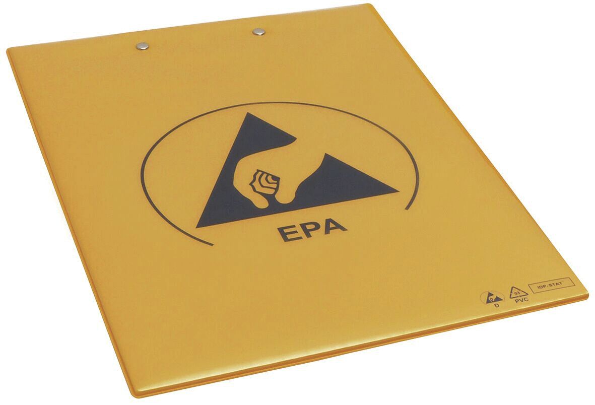 The image shows a yellow, rectangular plate with a black symbol. In the center is a black triangle and a raised fist, below it reads "EPA".
