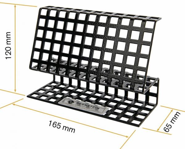 The image shows a rectangular, black-painted stand with a grid design. It has two levels, one angled upwards and one flat underneath, providing space for items.